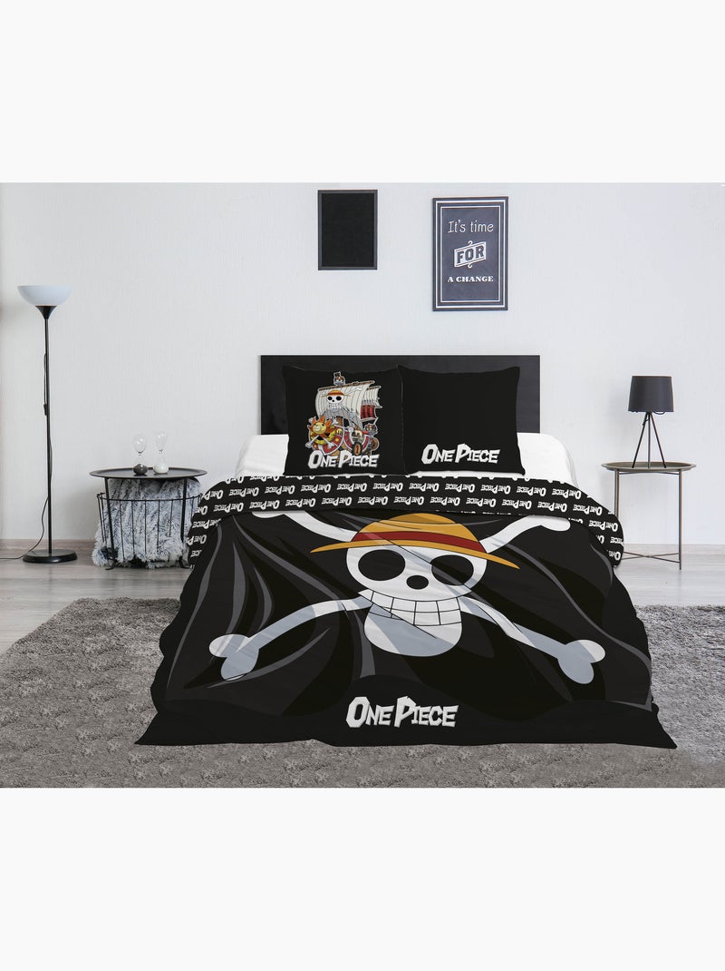 Tweepersoons beddengoed one piece 240x220 cm + 2 slopen 63x63 cm 100% polyester Zwart Beige Zwart - Kiabi