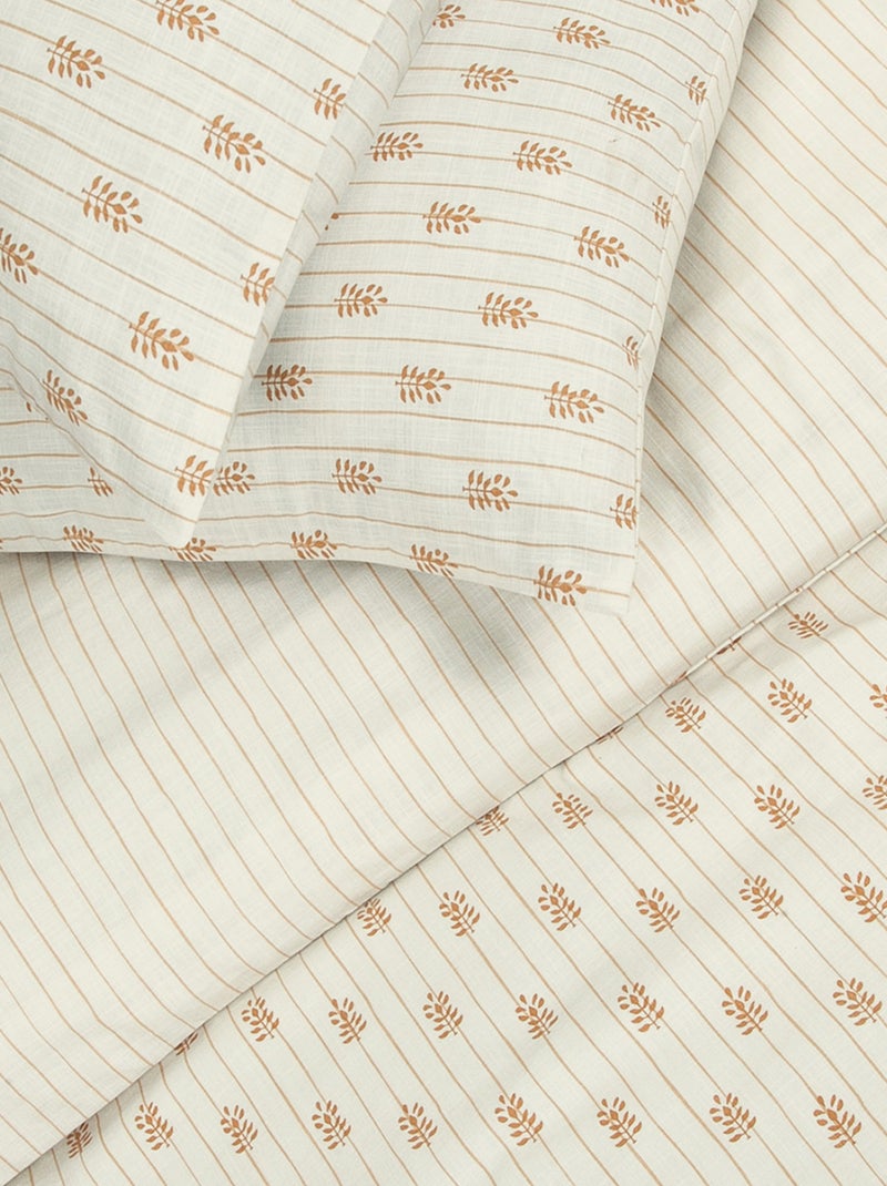 Tweepersoons beddengoedset met bloemenstrepen en linnenlook. Ecru - Kiabi