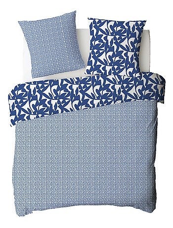 Tweepersoons beddengoedset van katoen met 57 draden per inch en blauwe print.