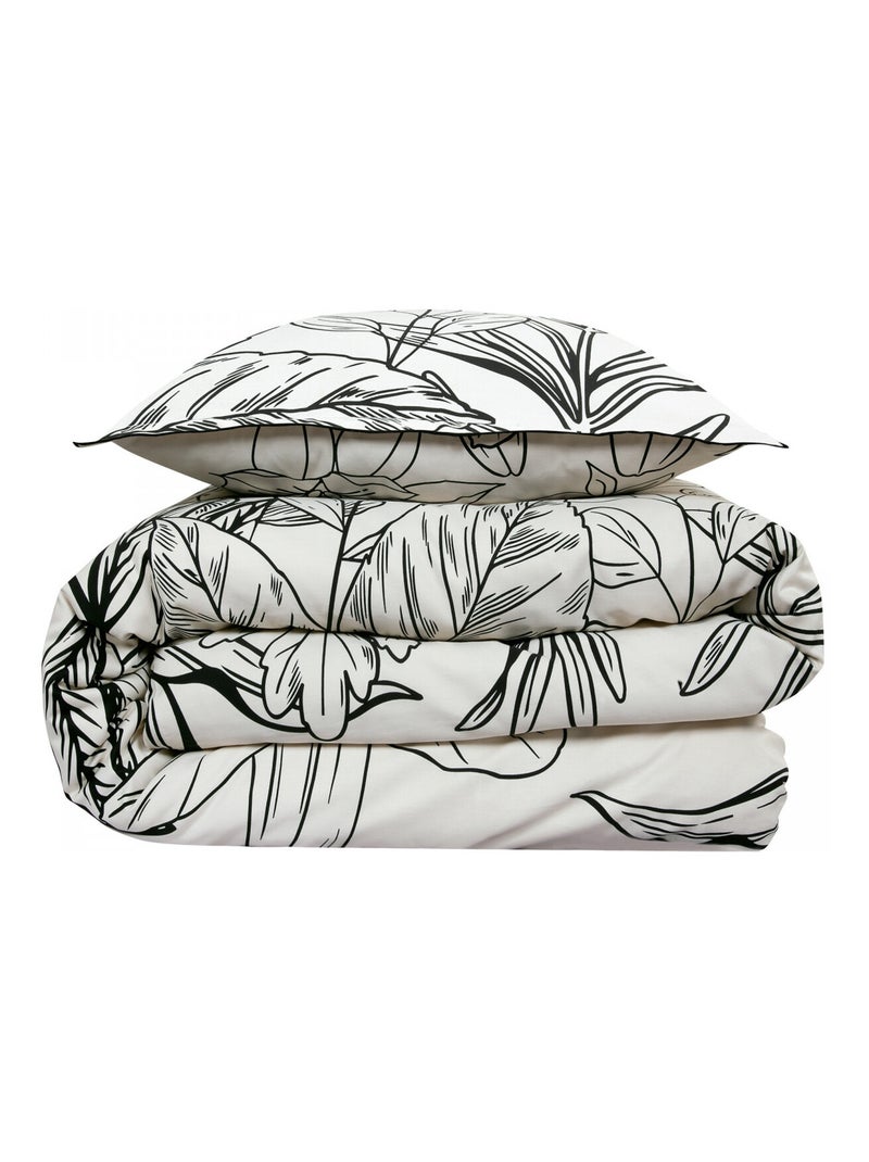 Tweepersoons beddengoedset van katoensatijn met botanische print Beige - Kiabi