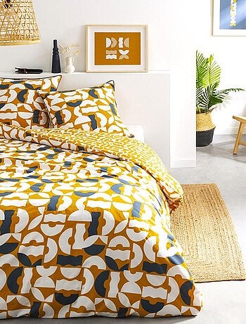 Tweepersoons dekbedovertrekset 'FIDJI' omkeerbaar met geometrische print citroengeel – Future Home