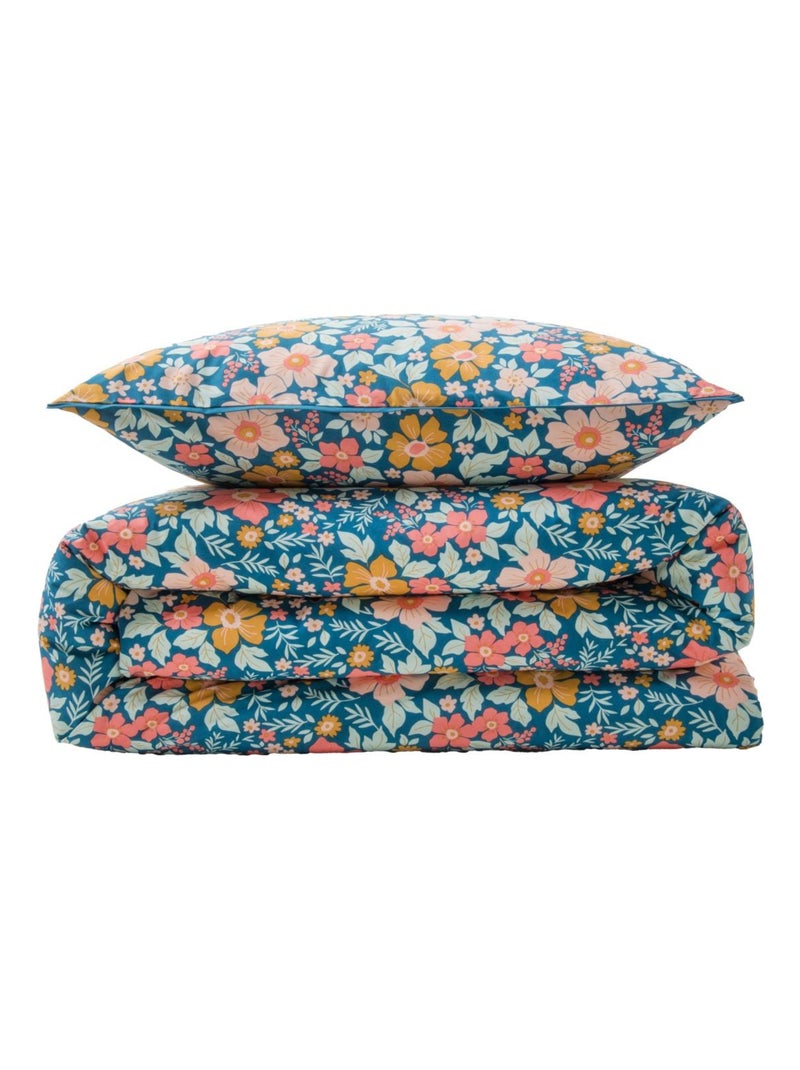 Tweepersoons dekbedovertrekset omkeerbaar katoen met bloemen 240 x 220 cm meerkleurig – Future Home Blauw - Kiabi