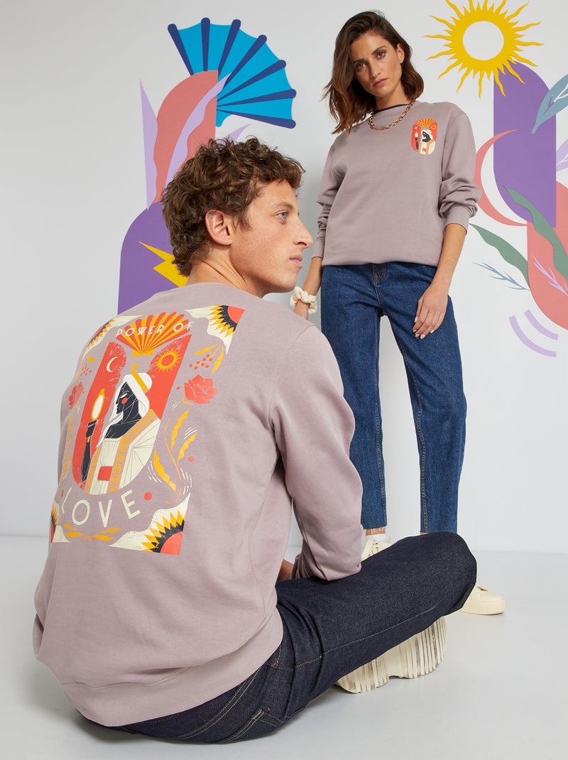 Uniseks sweater van joggingstof met print PAARS - Kiabi