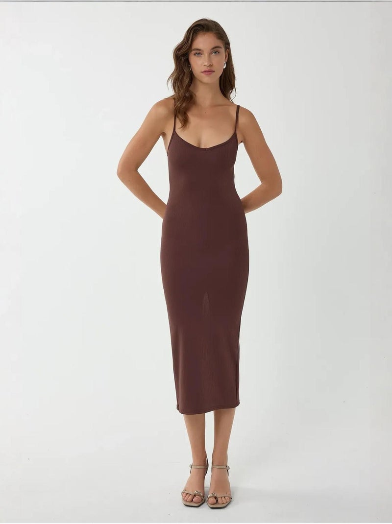 V-hals bodycon midi-jurk met dunne bandjes Bruin - Kiabi