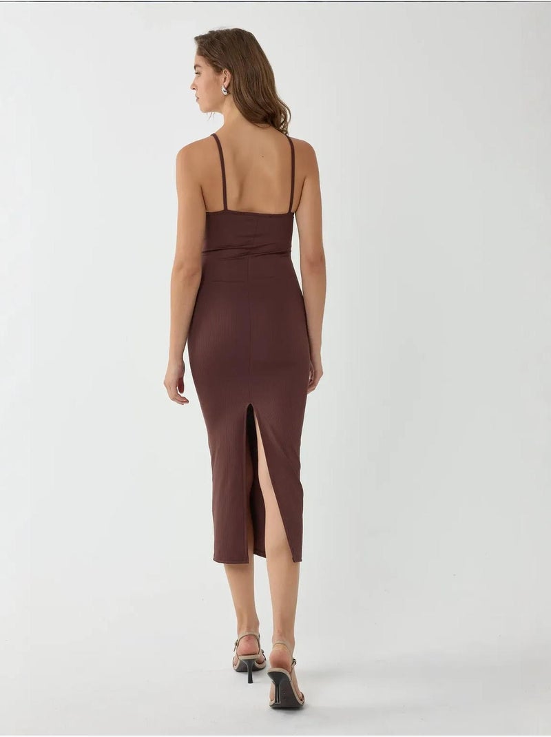 V-hals bodycon midi-jurk met dunne bandjes Bruin - Kiabi