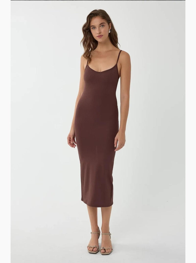 V-hals bodycon midi-jurk met dunne bandjes hiccup Bruin - Kiabi