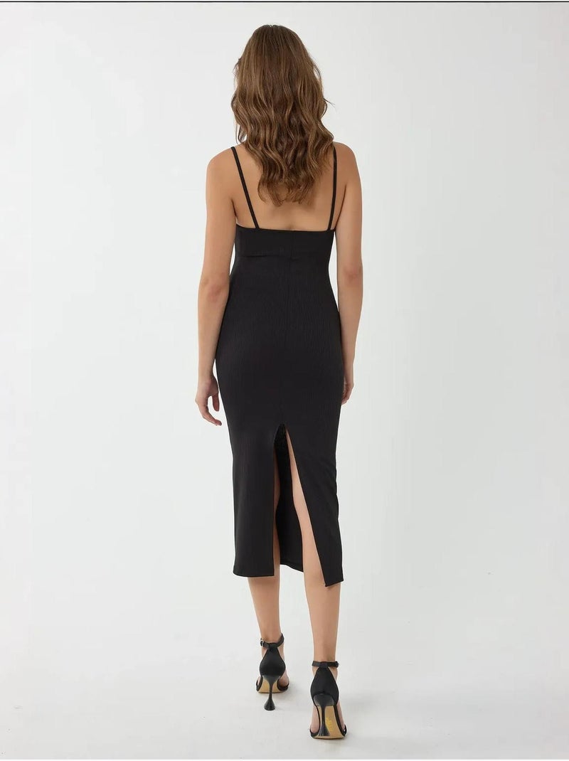 V-hals bodycon midi-jurk met dunne bandjes Zwart - Kiabi