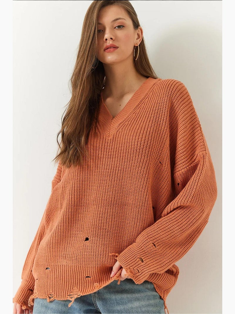 V-hals gebreide trui met distressed patroon lucci Terracotta - Kiabi