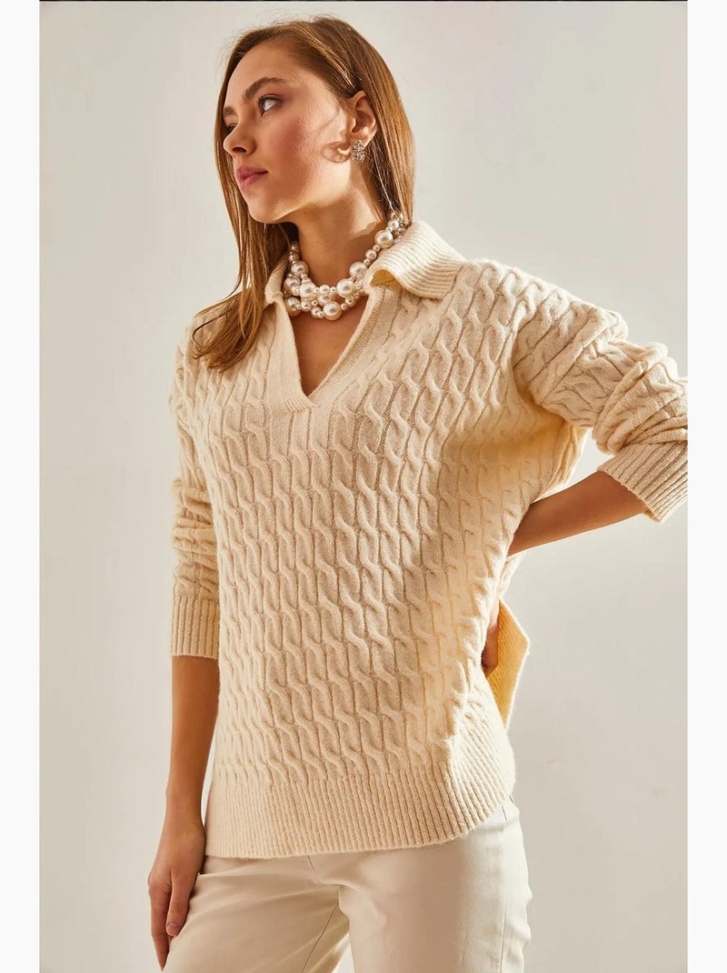 V-hals gebreide trui met patroon lucci Klei-beige - Kiabi