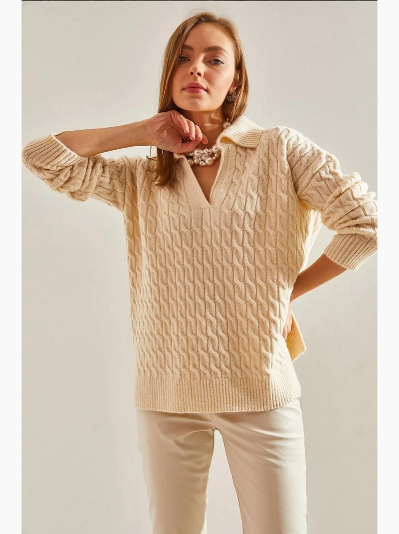 V-hals gebreide trui met patroon lucci Klei-beige - Kiabi