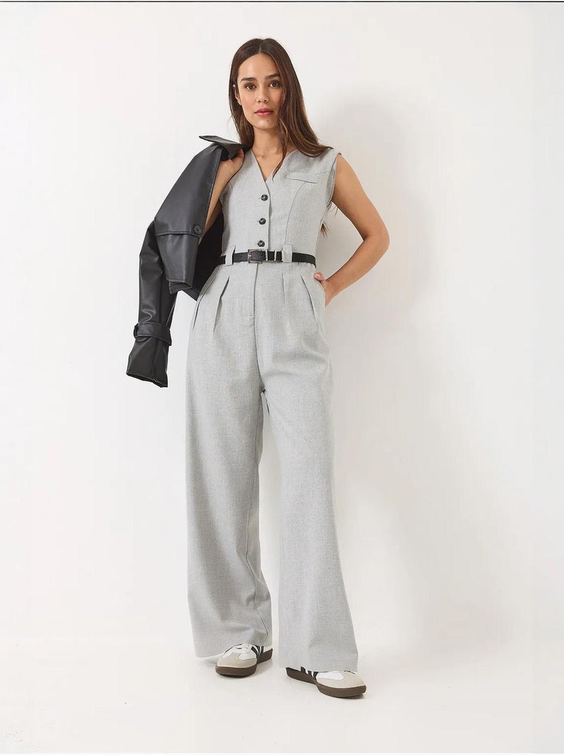 V-hals jumpsuit met wijde pijpen en strikdetail lucci Grijs - Kiabi