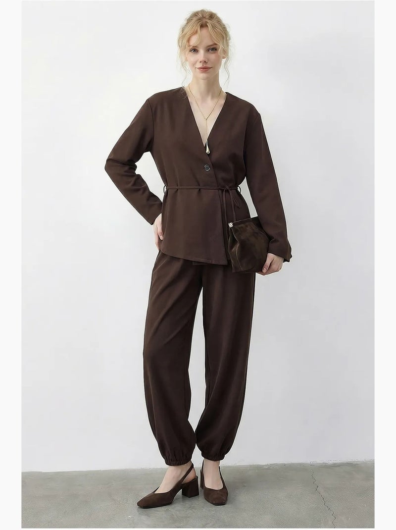 V-hals set met lange mouwen en elastische taille lucci Chocoladebruin - Kiabi