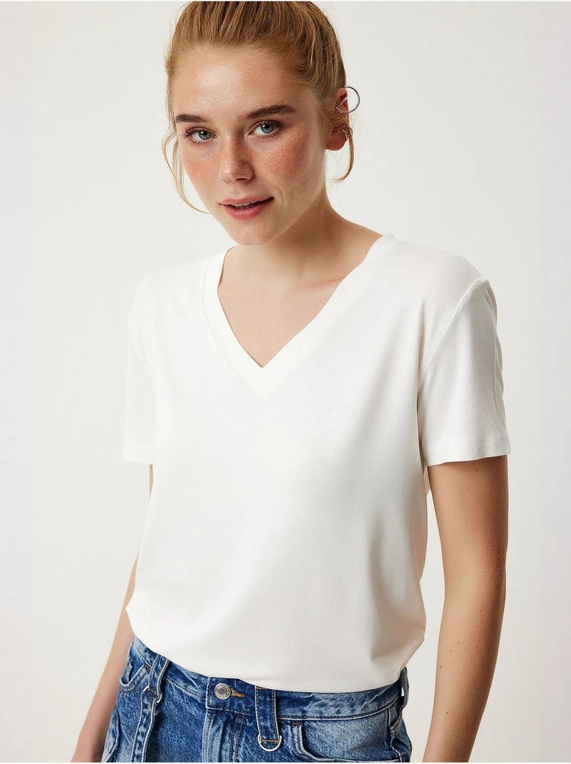V-hals t-shirt met korte mouwen, effen istanbul Ivoor - Kiabi
