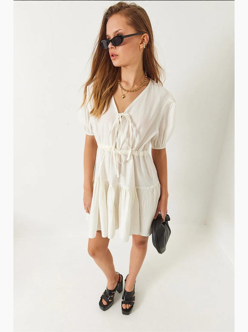 V-hals tamara mini-jurk met strik aan de voorkant lucci Klei-beige - Kiabi