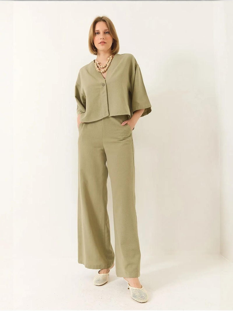 V-hals vleermuismouwen linnen kimono palazzo broekset lucci Pastelgroen - Kiabi