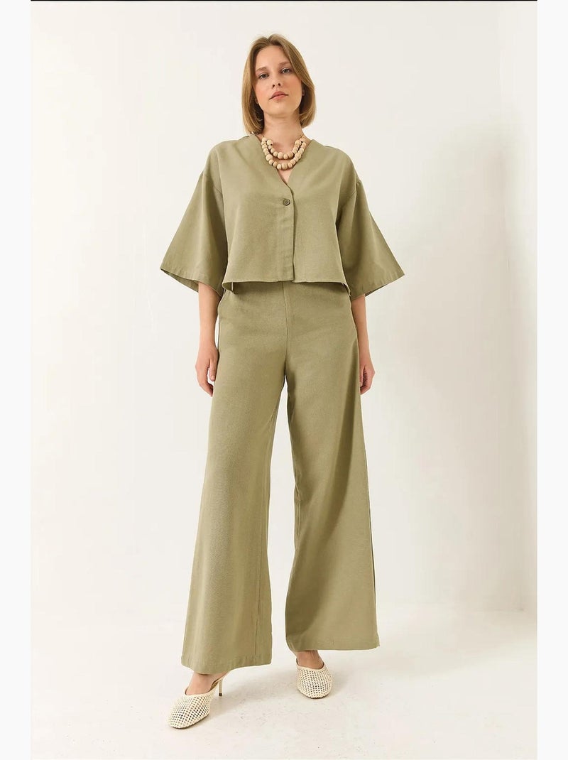 V-hals vleermuismouwen linnen kimono palazzo broekset lucci Pastelgroen - Kiabi
