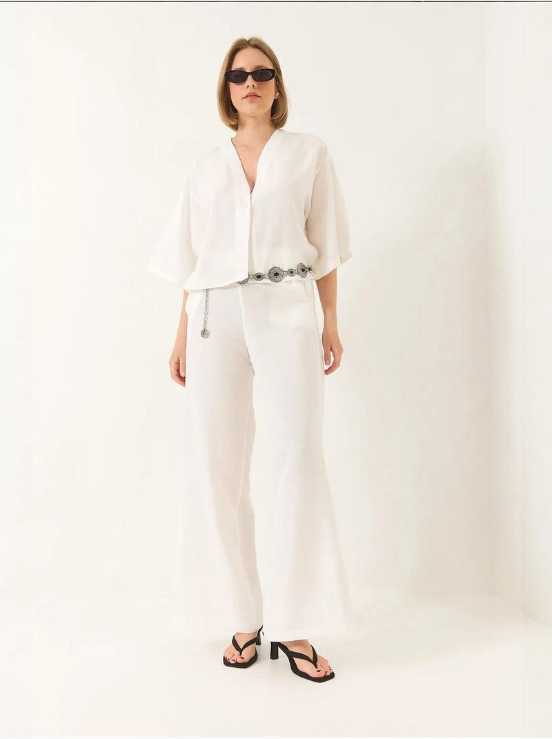 V-hals vleermuismouwen linnen kimono palazzo broekset lucci Wit - Kiabi