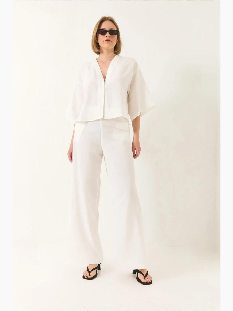 V-hals vleermuismouwen linnen kimono palazzo broekset lucci Wit - Kiabi