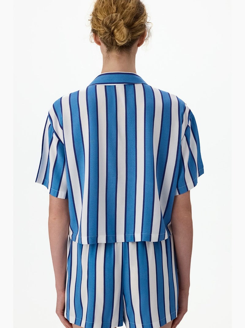 Vacation gestreepte pyjamaset met korte mouwen, overhemd en short penti Wit Blauw - Kiabi