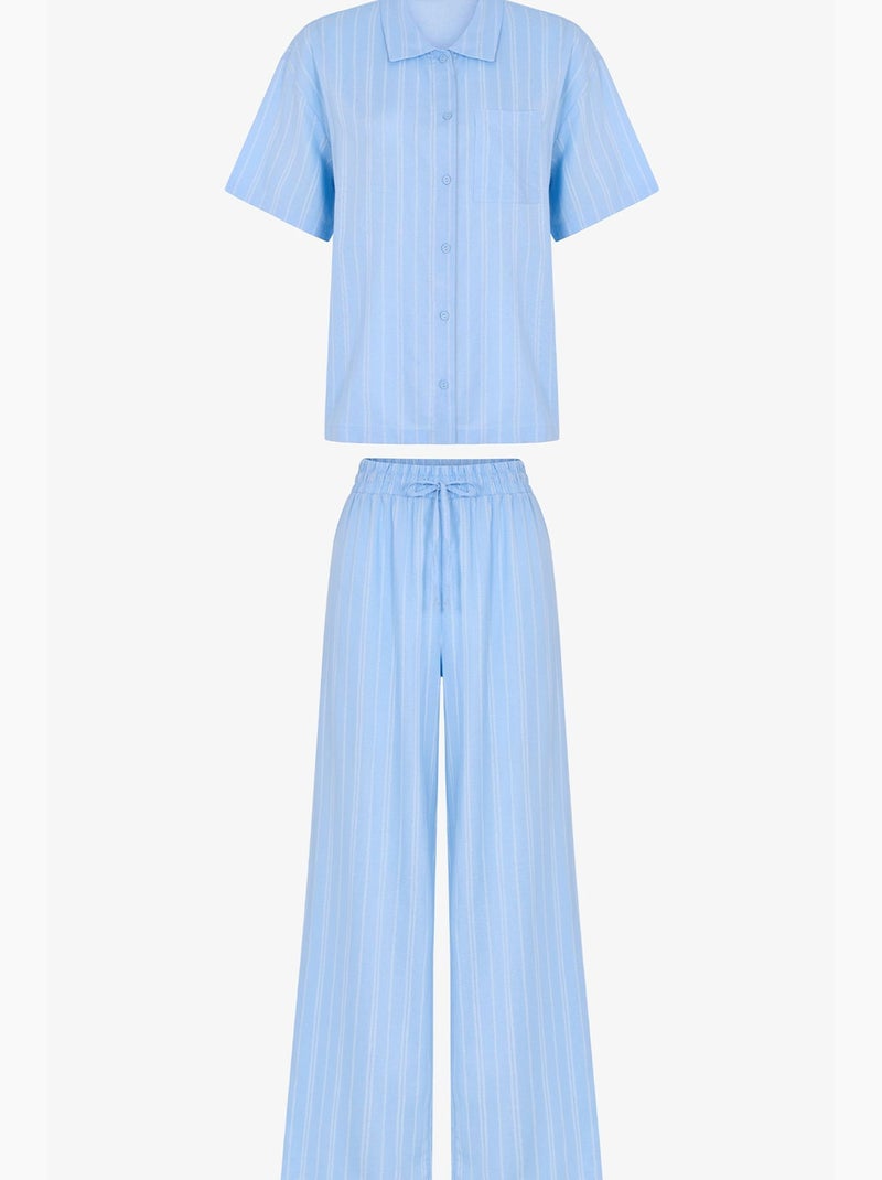 Vacation gestreepte pyjamaset met kortmouw shirt en broek penti Hemelsblauw - Kiabi