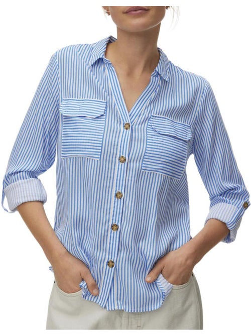Vero Moda Bumpy Damesblouse Blauw/Wit - Kiabi Vero Moda Bumpy Damesblouse Blauw/Wit - Kiabi
