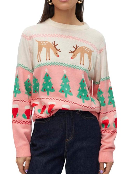 Vero Moda Dames Kersttrui Beige/Roze Christmasstuff - Kiabi Vero Moda Dames Kersttrui Beige/Roze Christmasstuff - Kiabi