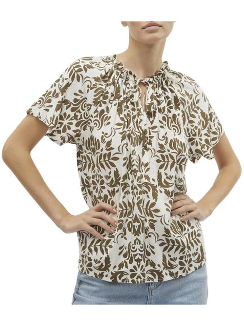 Vero Moda Mima Damesblouse Wit/Camel - Kiabi Vero Moda Mima Damesblouse Wit/Camel - Kiabi