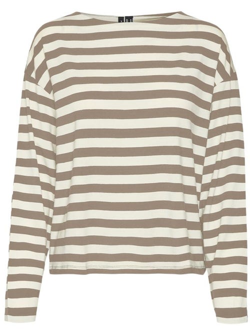 Vero Moda Palma Dames T-shirt met Lange Mouwen Bruin/Wit - Kiabi Vero Moda Palma Dames T-shirt met Lange Mouwen Bruin/Wit - Kiabi