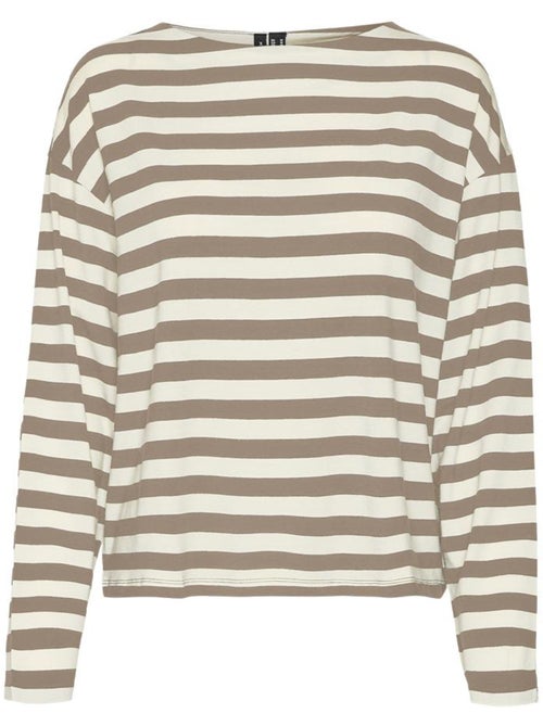 Vero Moda Palma Dames T-shirt met Lange Mouwen Bruin/Wit - Kiabi Vero Moda Palma Dames T-shirt met Lange Mouwen Bruin/Wit - Kiabi