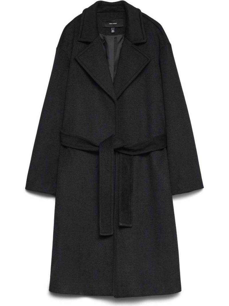 Vero Moda Vmamanda Dames Lange Zwarte Jas met Ceintuur Zwart - Kiabi
