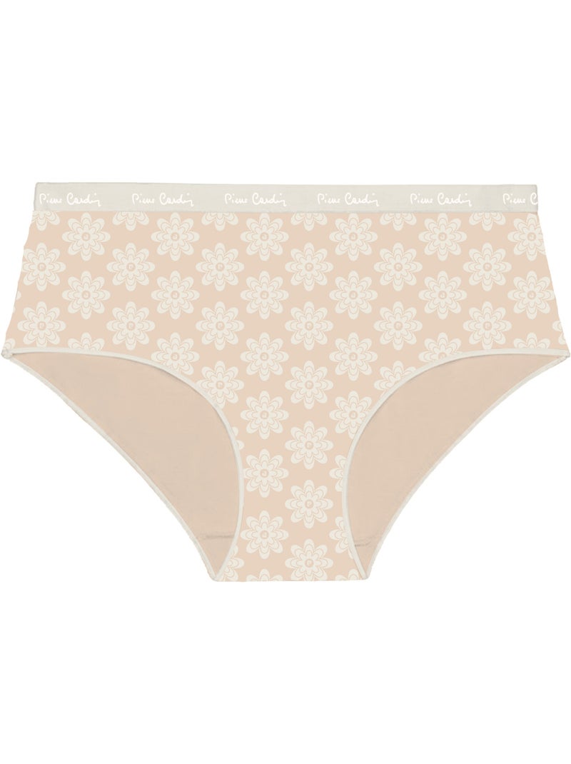 Verpakking van 3 effen katoenen damesonderbroeken met print en een dunne tailleband van 2 cm Beige - Kiabi