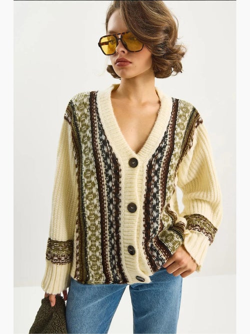 Vest met etnische print, v-hals, lange mouwen en knoopsluiting lucci - Kiabi