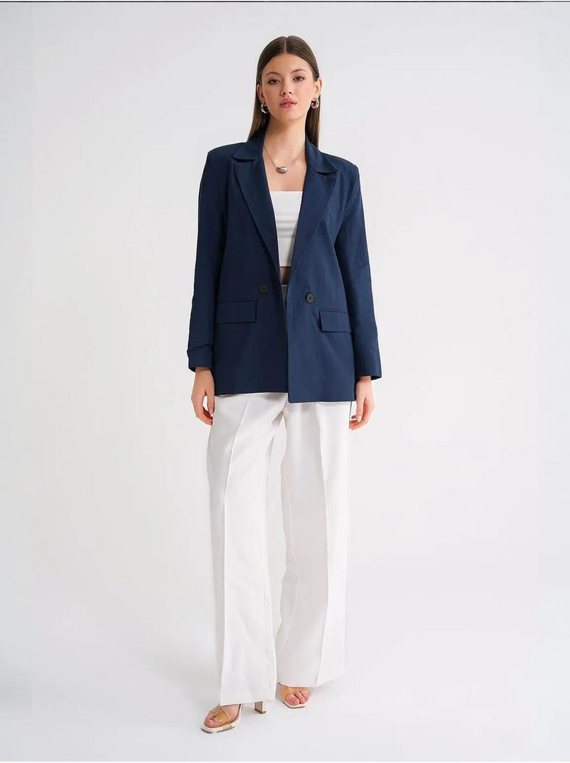 Veste à boutons en mélange de coton et de lin avec col chemise mixray Bleu marine - Kiabi