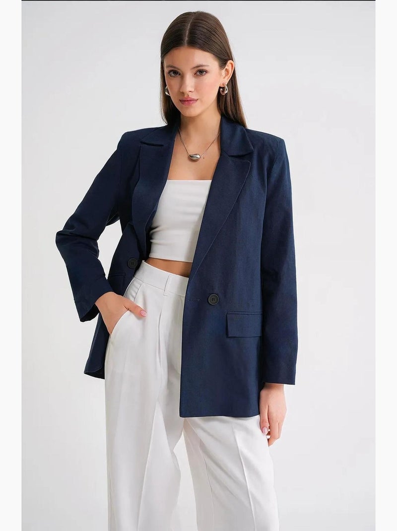 Veste à boutons en mélange de coton et de lin avec col chemise mixray Bleu marine - Kiabi