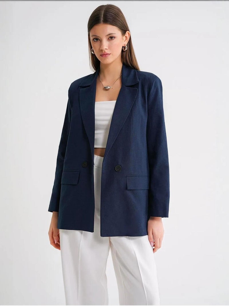 Veste à boutons en mélange de coton et de lin avec col chemise mixray Bleu marine - Kiabi