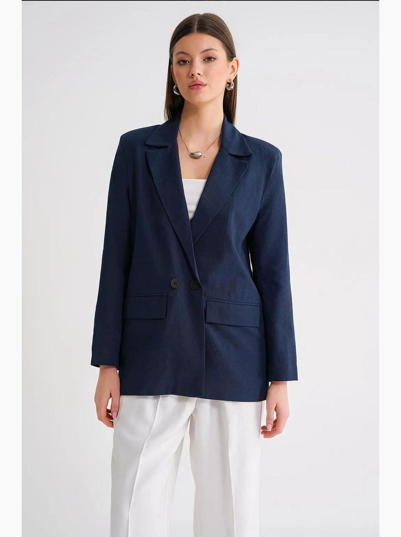 Veste à boutons en mélange de coton et de lin avec col chemise mixray Bleu marine - Kiabi