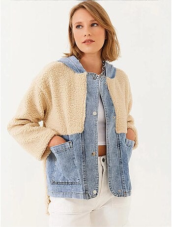 Veste à capuche en fausse fourrure avec détails en denim lucci
