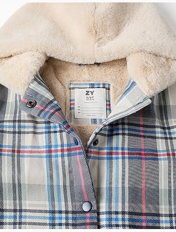 Veste à carreaux avec doublure en peluche douce synthétique
