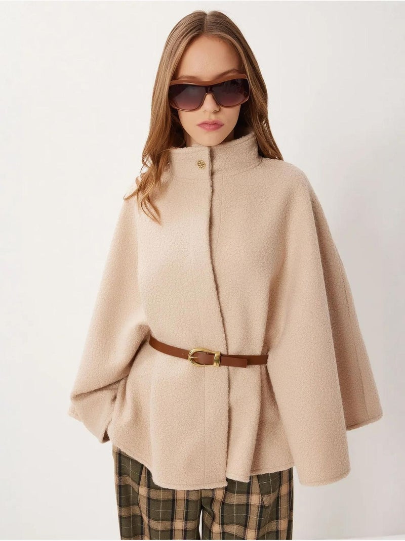 Veste ample boutonnée en gabardine texturée à col roulé mi-long istanbul Beige argile - Kiabi