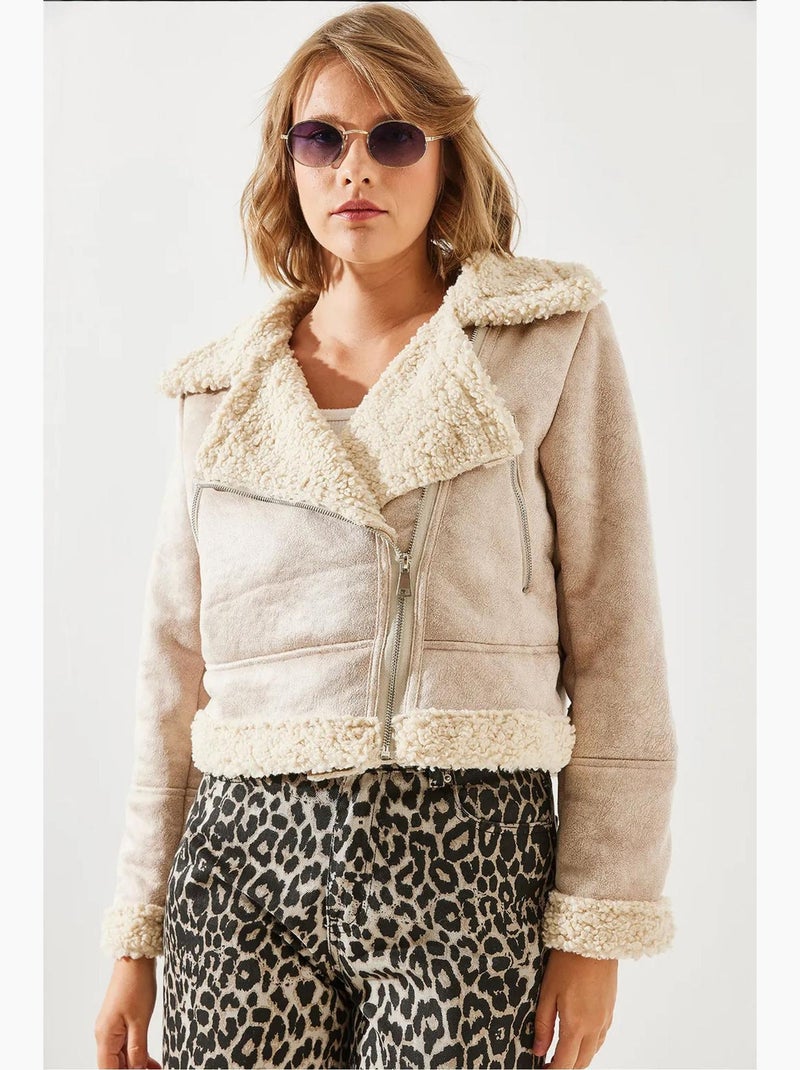 Veste aviateur courte en simili cuir lucci Beige argile - Kiabi