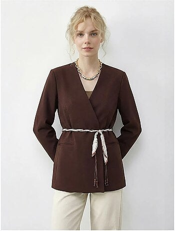 Veste blazer longue à col en v et ceinture lucci