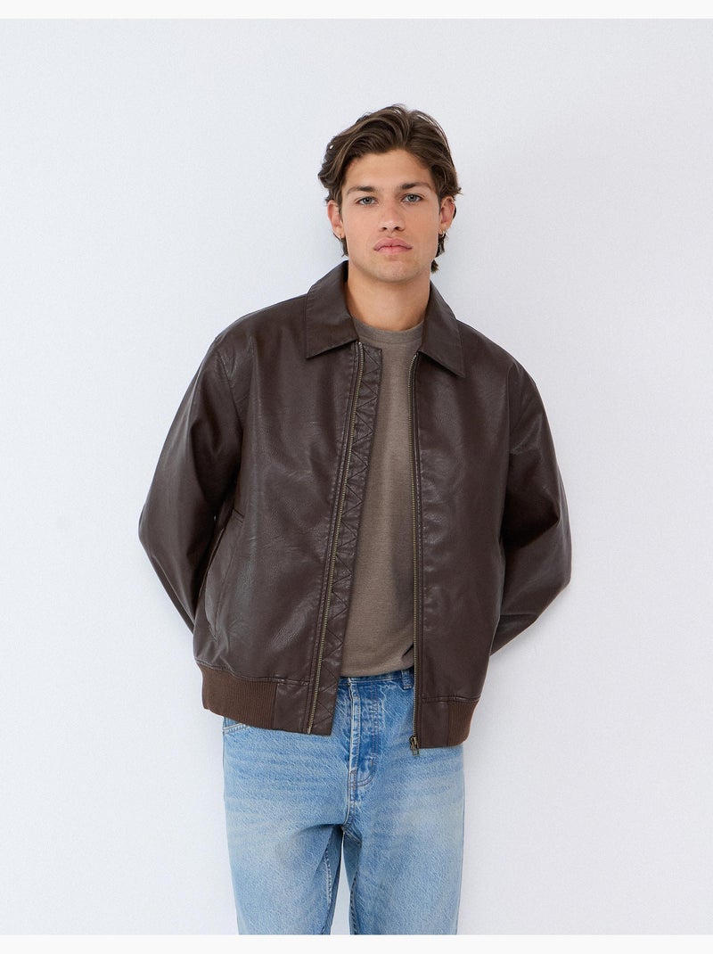 Veste bomber en cuir, mo fashion Marron - Kiabi