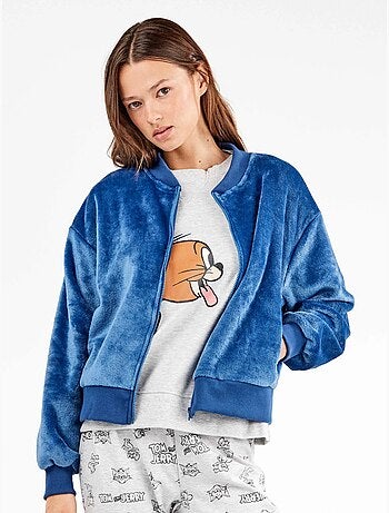 Veste bomber en peluche bleue pour homme