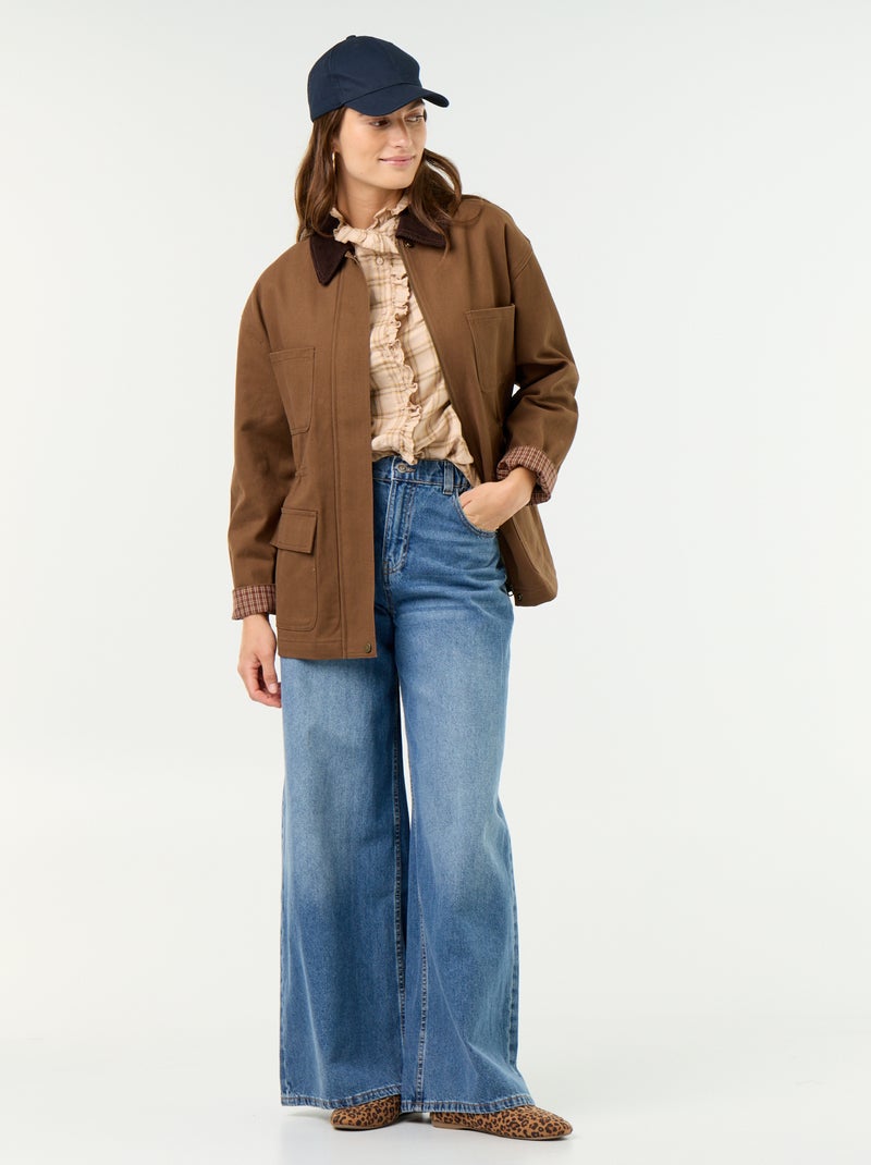 Veste coton twill avec col en velours Marron - Kiabi