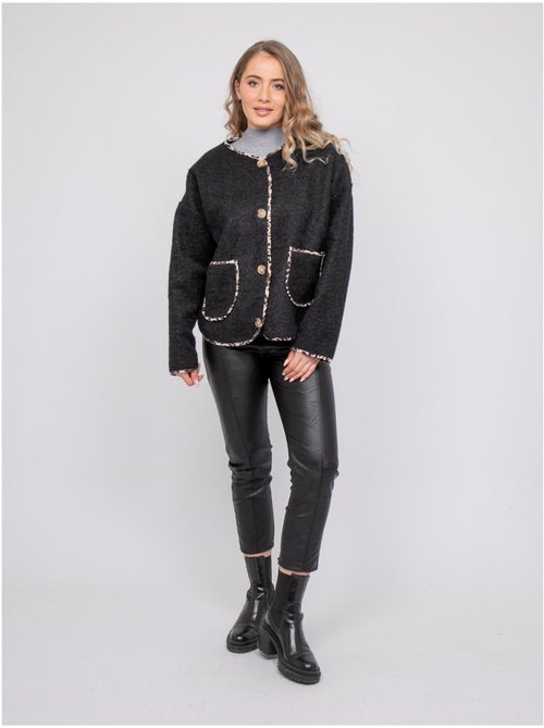 Veste courte en lainage bouclé biais léopard ubila - Kiabi