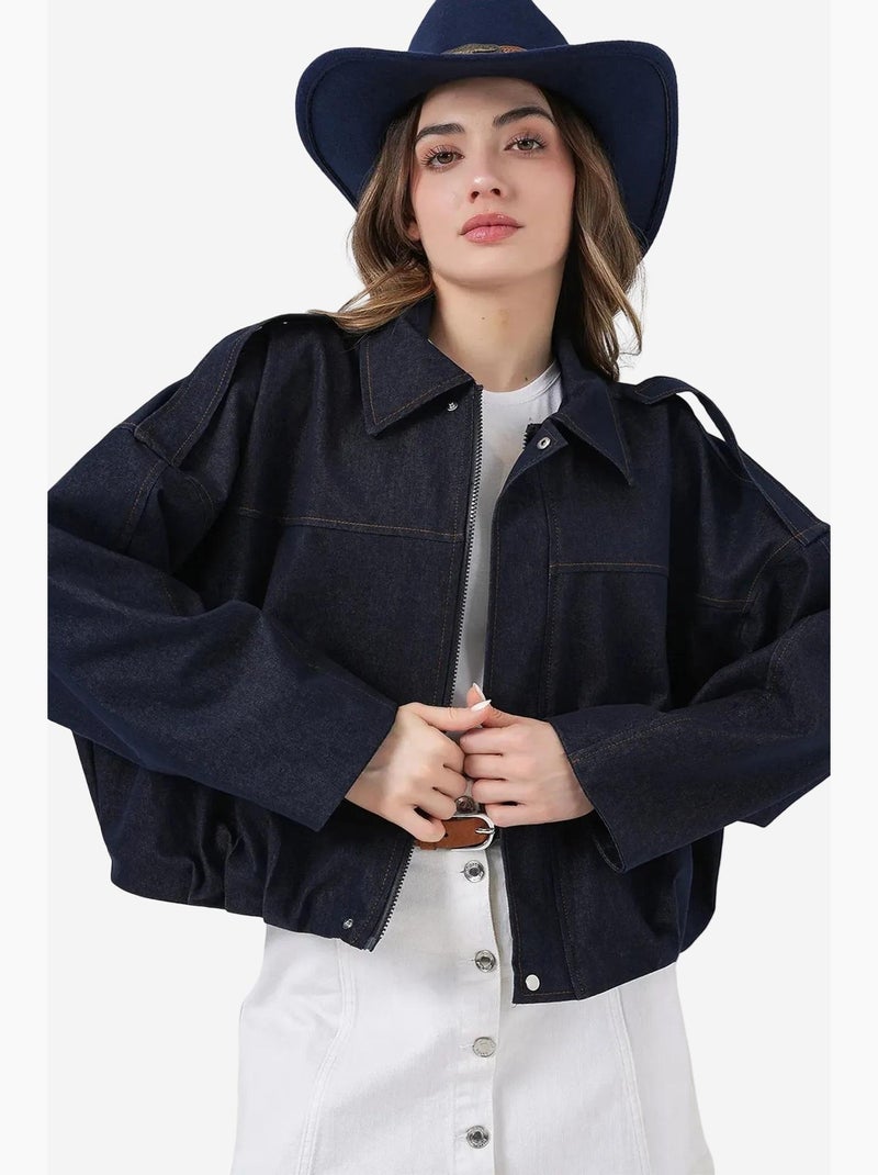 Veste courte oversize avec fermeture éclair et poche bdart Bleu marine - Kiabi