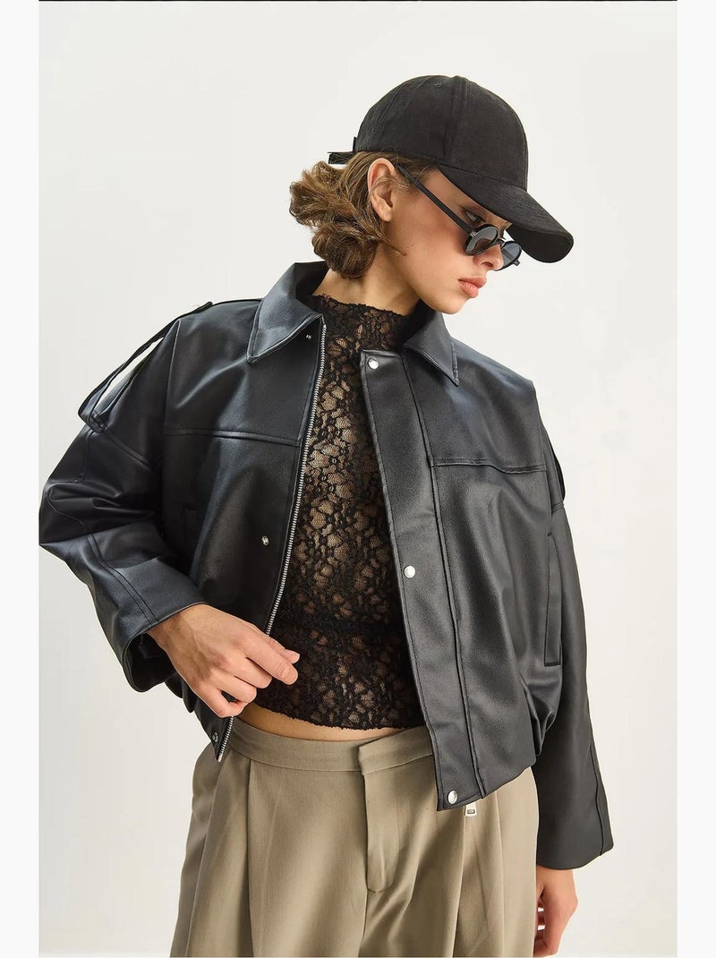 Veste courte oversize en similicuir avec fermeture éclair lucci Noir - Kiabi