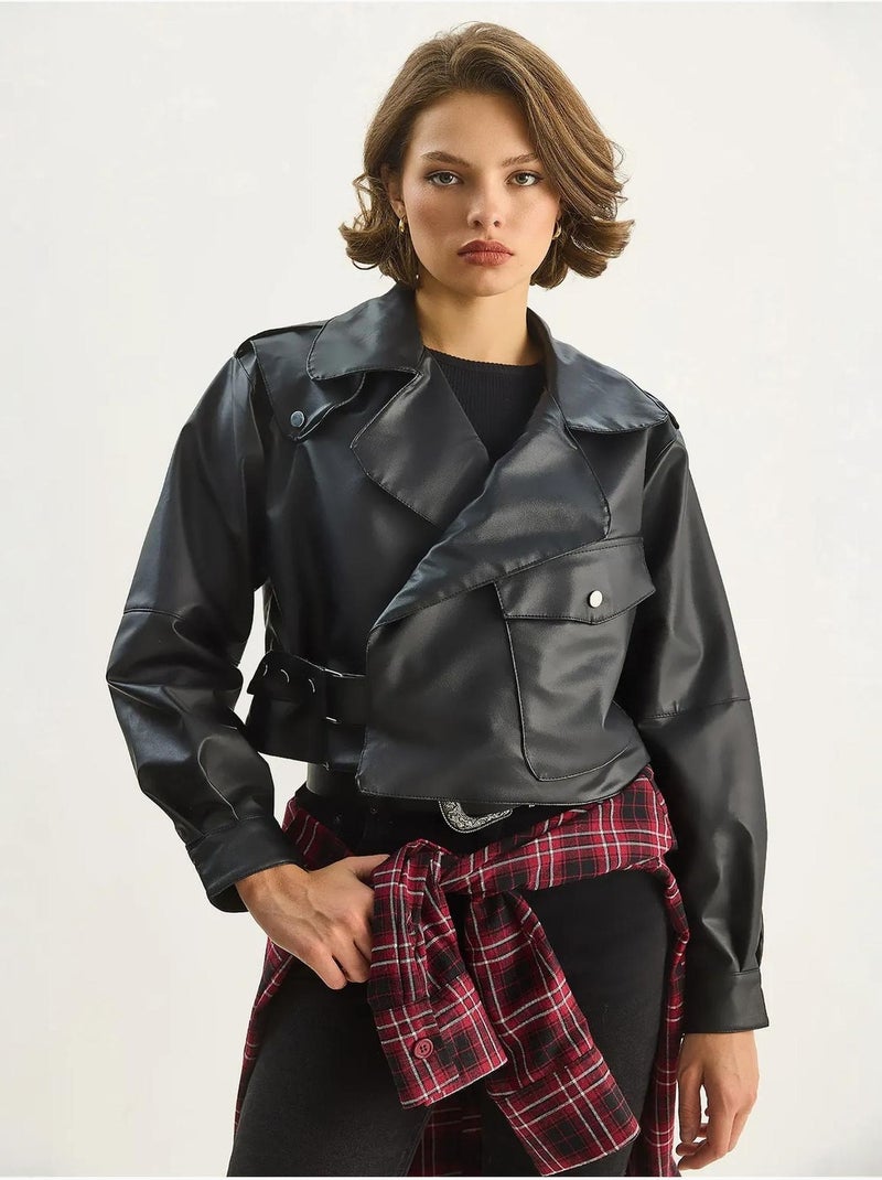 Veste courte oversize en similicuir lucci Noir - Kiabi