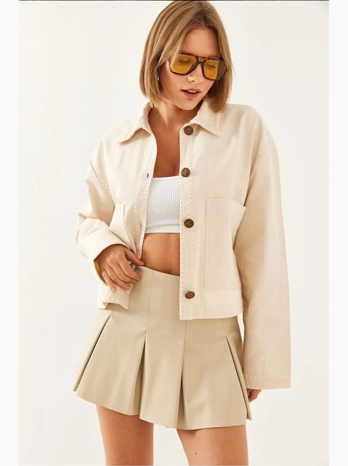 Veste courte tissée brodée à col chemise lucci - Kiabi