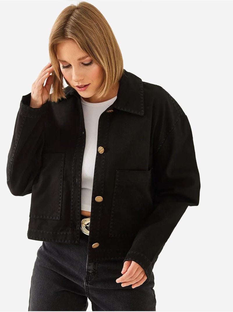 Veste courte tissée brodée à col chemise lucci Noir - Kiabi